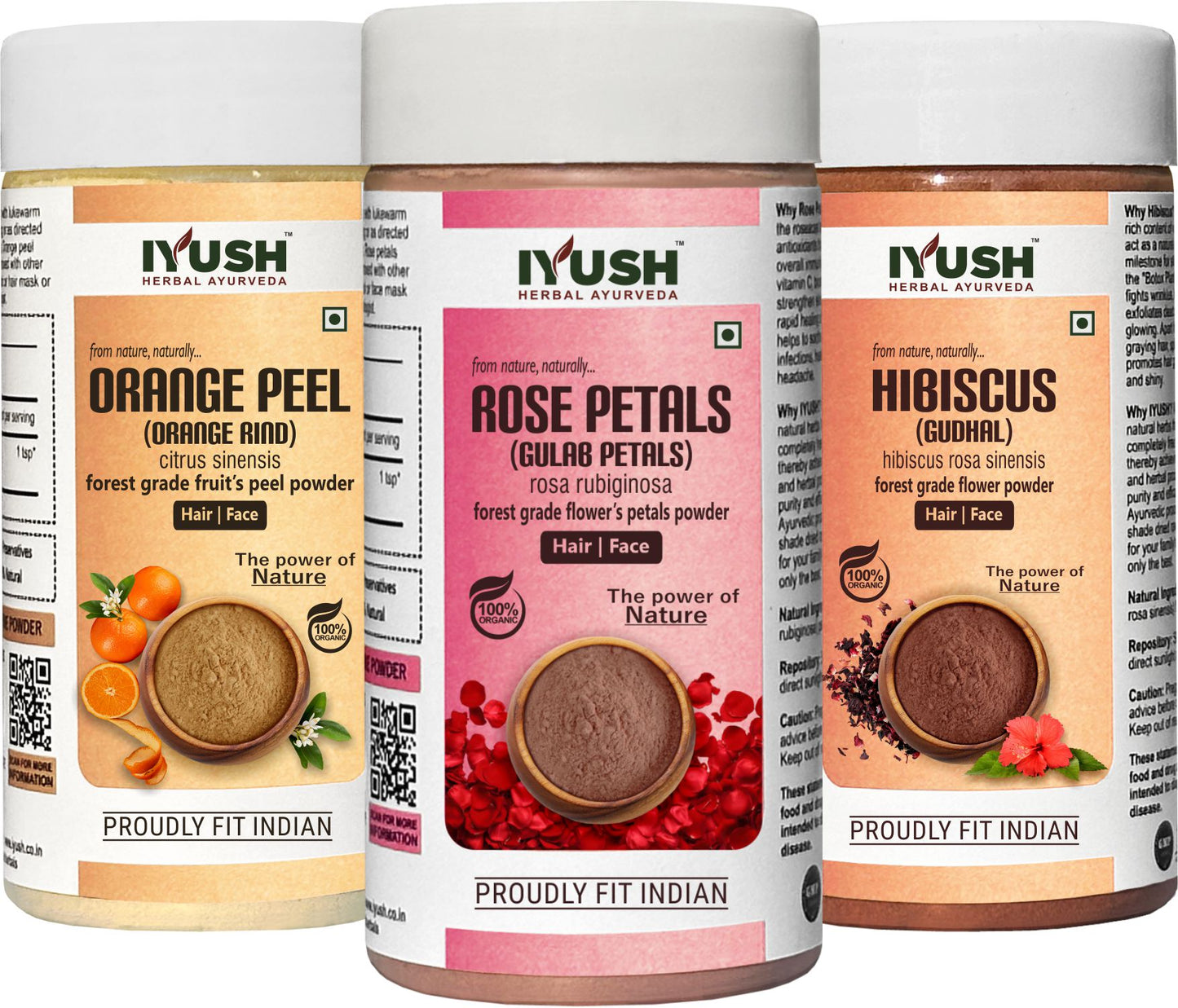 Premium Rose Petal, Orange Peel and Hibiscus Flower Powder for Holistic Skin and Hair Wellness – Pack of 3, 100gm Each
