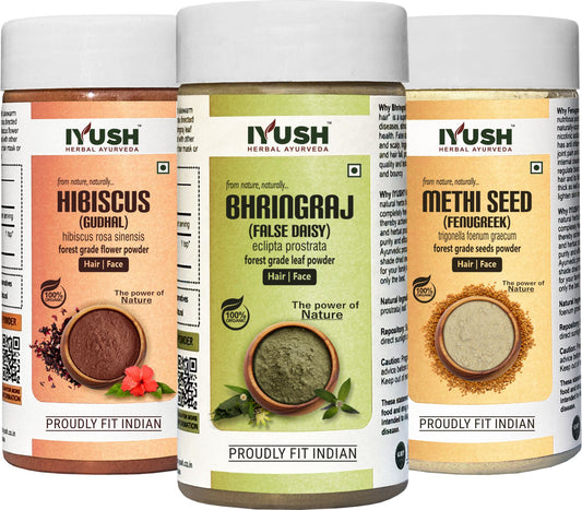 Premium Bhringraj, Methi Seed and Hibiscus Flower Powder for Holistic Hair and Skin Wellness – Pack of 3, 100gm Each