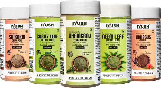 Premium Hibiscus Flower, Shikakai, Bhringraj, Neem, Curry Leaf Powder for Holistic Hair and Skin Wellness – 100gm each, Pack of 5