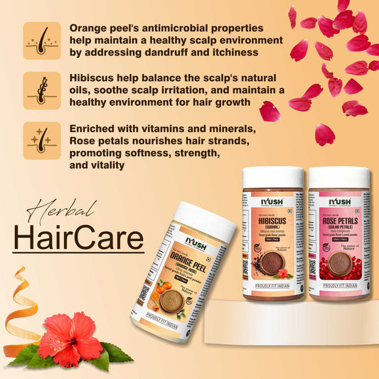 Premium Rose Petal, Orange Peel and Hibiscus Flower Powder for Holistic Skin and Hair Wellness – Pack of 3, 100gm Each