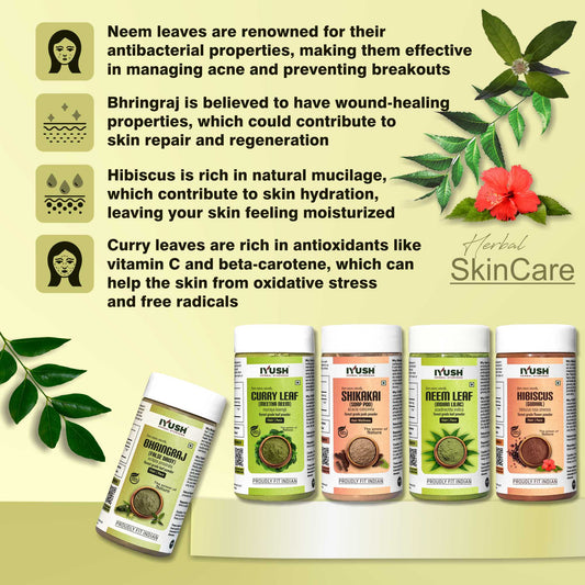 Premium Hibiscus Flower, Shikakai, Bhringraj, Neem, Curry Leaf Powder for Holistic Hair and Skin Wellness – 100gm each, Pack of 5