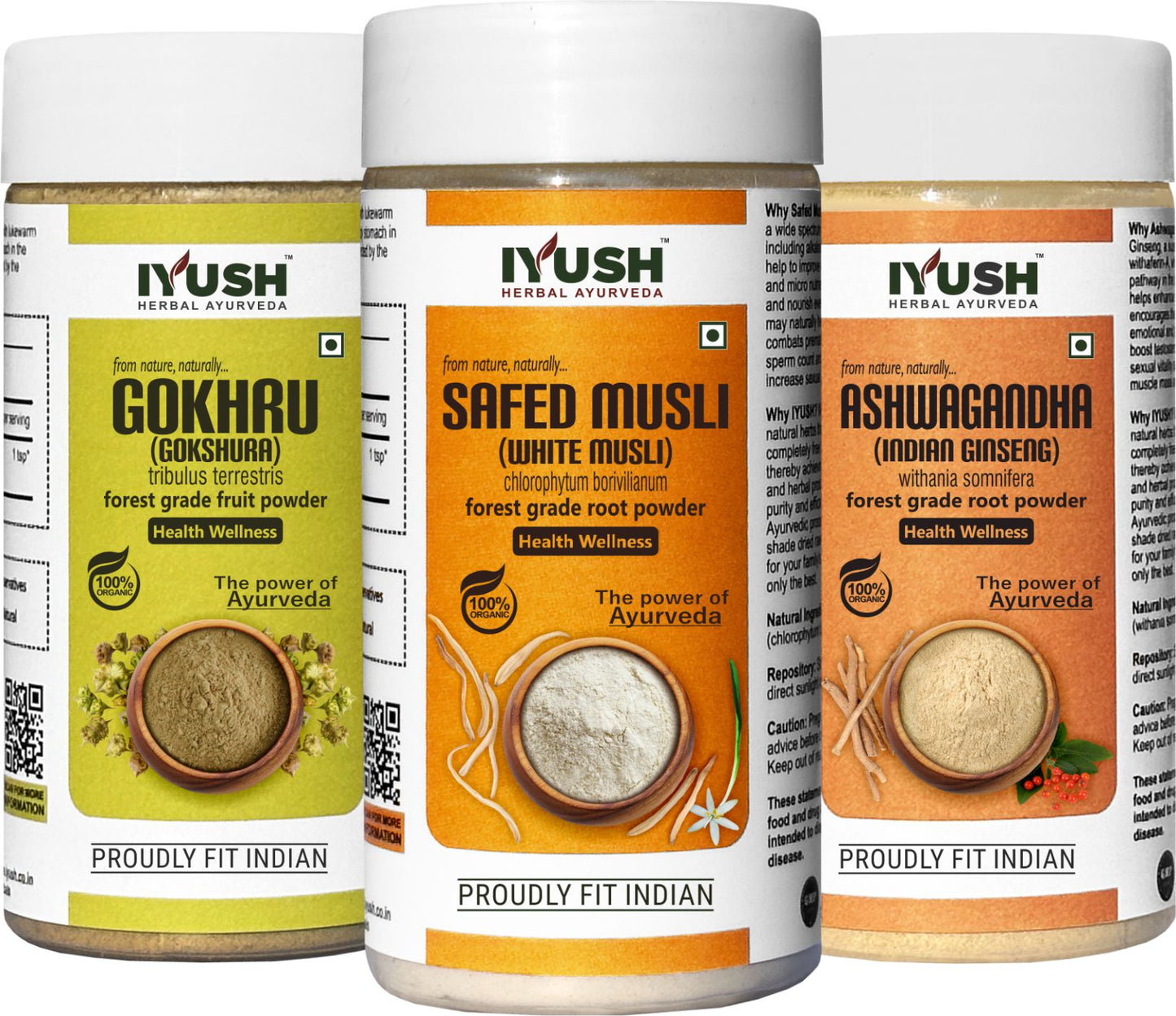 Premium Safed Musli, Ashwagandha and Gokhru Powder for Holistic Health Wellness - Pack of 3, 100gm Each