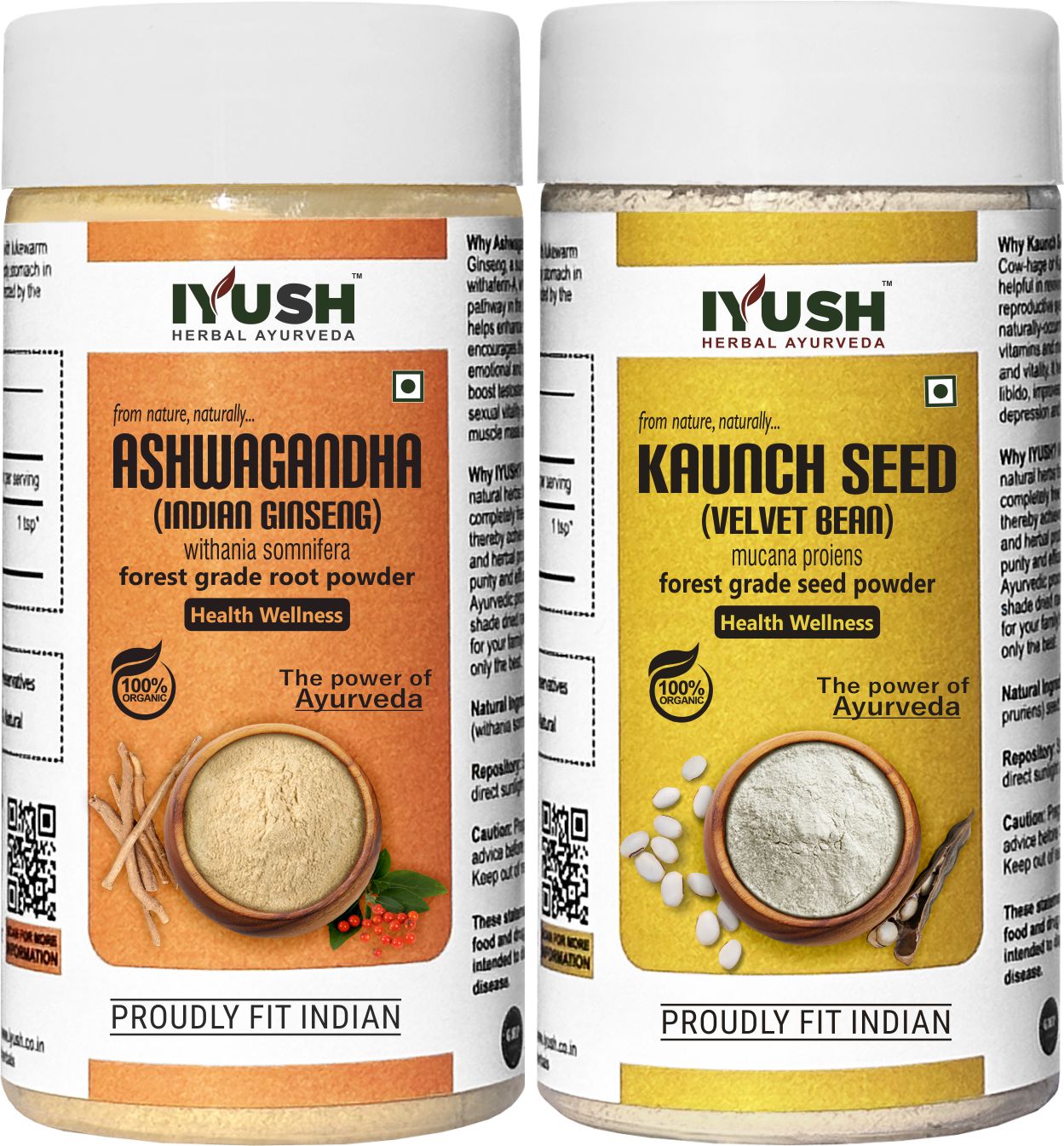 Premium Ashwagandha and Kaunch Seed Powder for Holistic Health Wellness - Pack of 2, 100gm Each