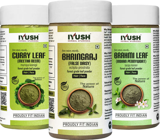 Premium Bhringraj, Brahmi and Curry Leaf Powder for Holistic Hair and Skin Wellness – Pack of 3, 100gm Each