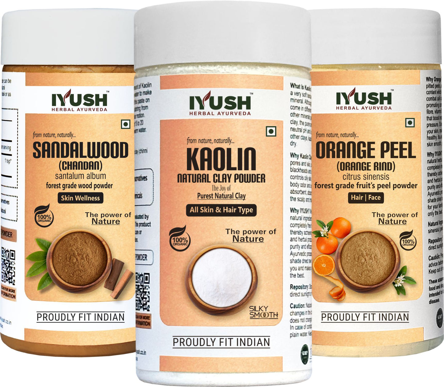 Premium Sandalwood, Orange Peel and Kaolin Clay Powder for Holistic Skin and Hair Wellness – Pack of 3, 100gm Each