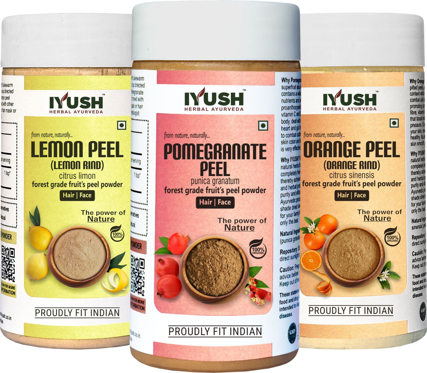 Premium Lemon, Orange and Pomegranate Peel Powder for Holistic Skin and Hair Wellness – Pack of 3, 100gm Each