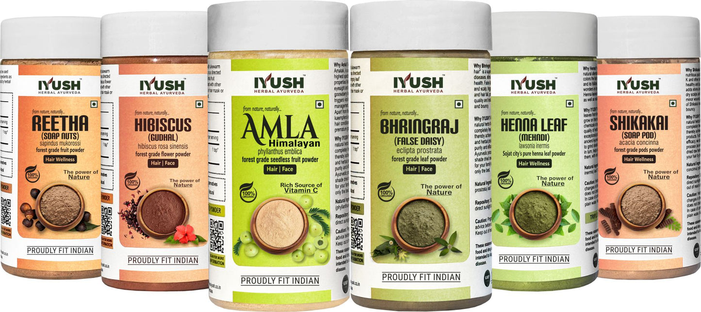 Sojat City’s Pure Henna Leaf Powder with Amla Reetha Shikakai Bhringraj Hibiscus Powder for Holistic Hair and Skin Wellness – 100gm each, Pack of 6
