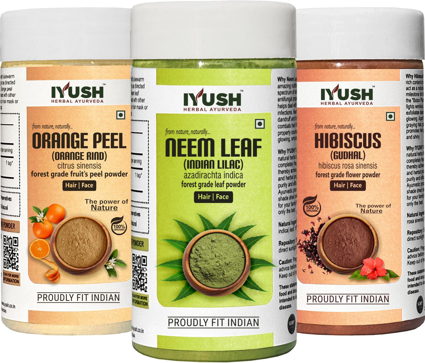 Premium Hibiscus Flower, Neem Leaf and Orange Peel Powder for Holistic Skin and Hair Wellness – Pack of 3, 100gm Each