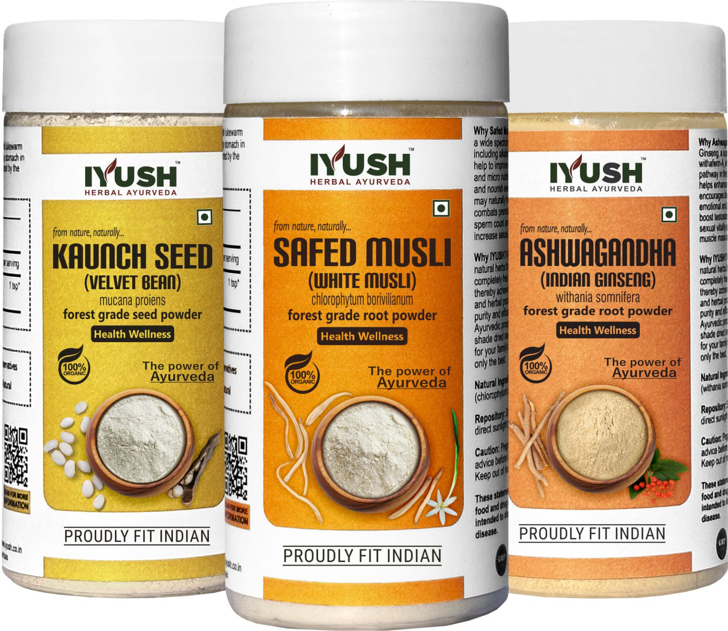 Premium Safed Musli, Ashwagandha and Kaunch Seed Powder for Holistic Health Wellness - Pack of 3, 100gm Each