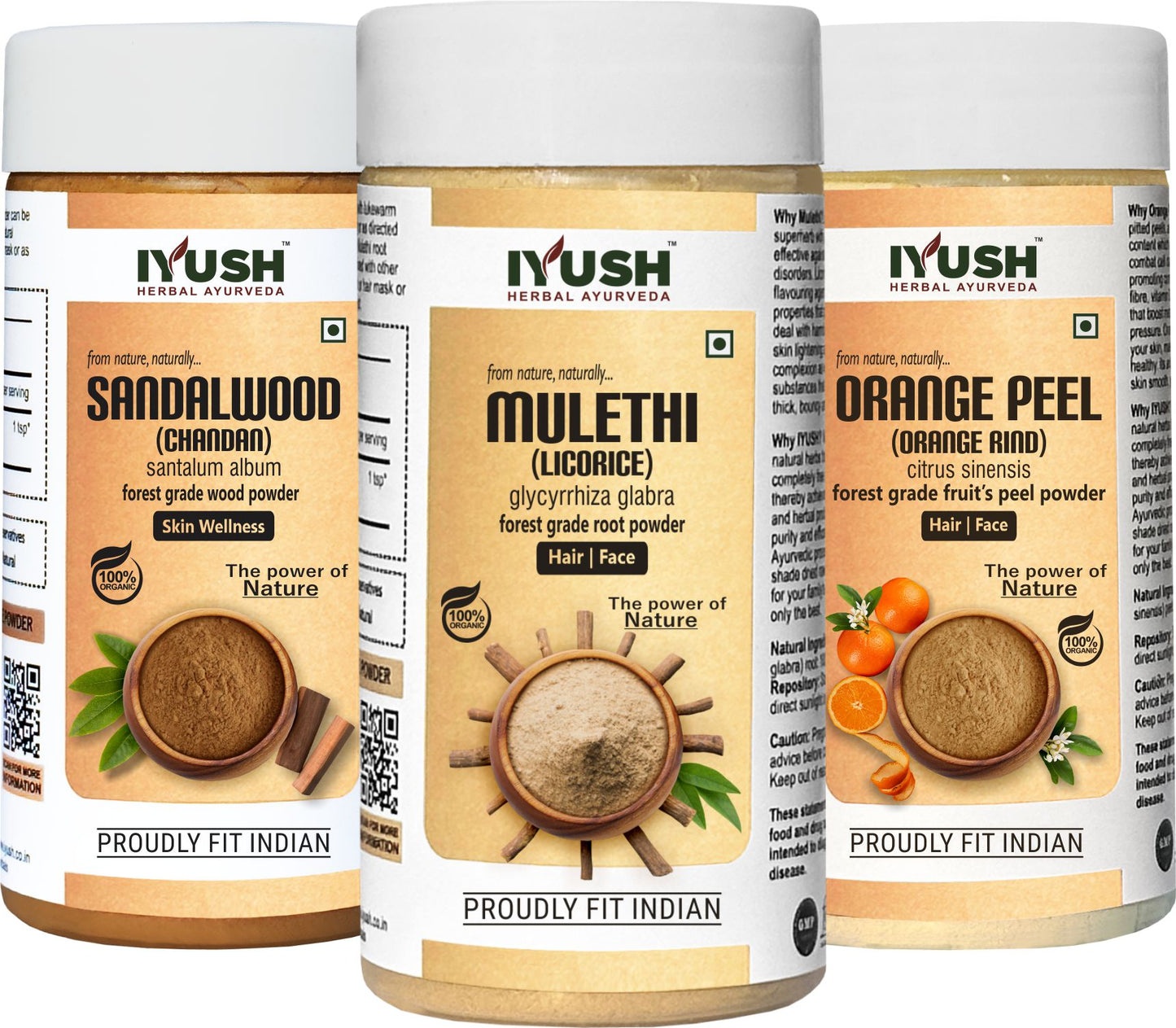 Premium Mulethi, Orange Peel and Sandalwood Powder for Holistic Skin and Hair Wellness – Pack of 3, 100gm Each