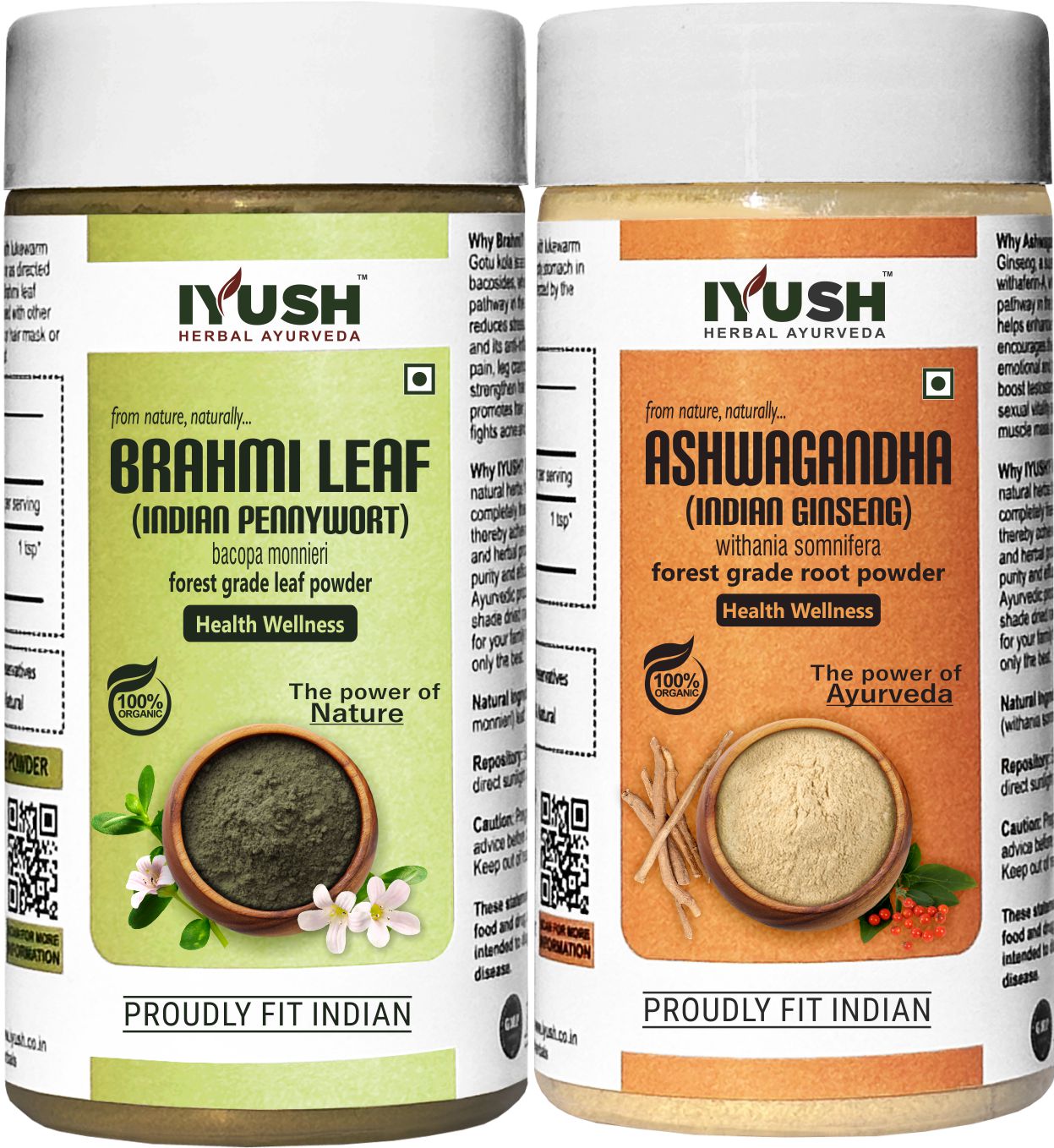 Premium Ashwagandha and Brahmi Powder for Holistic Health and Brain Wellness - Pack of 2, 100gm Each