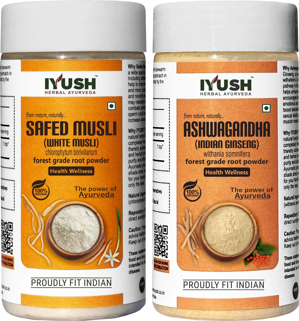 Premium Safed Musli and Ashwagandha Root Powder for Holistic Health Wellness - Pack of 2, 100gm Each