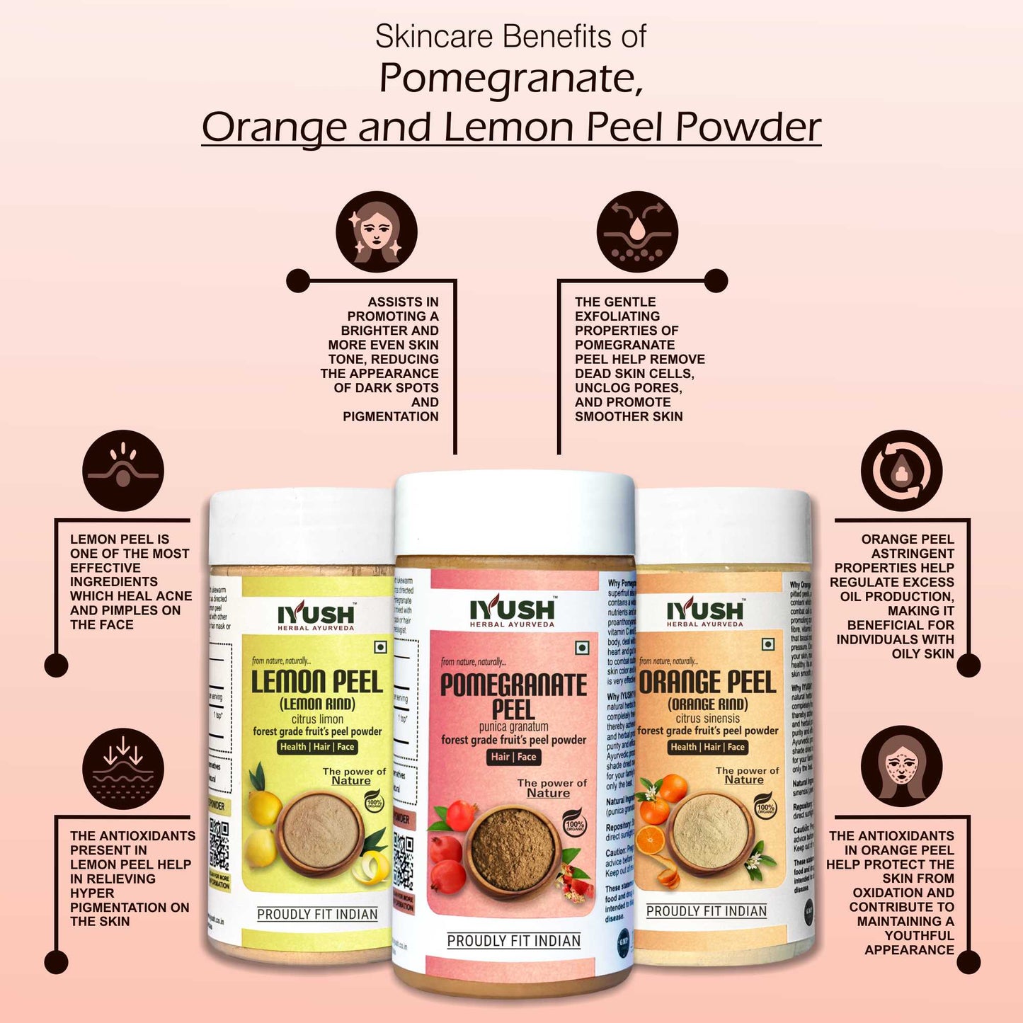 Premium Lemon, Orange and Pomegranate Peel Powder for Holistic Skin and Hair Wellness – Pack of 3, 100gm Each