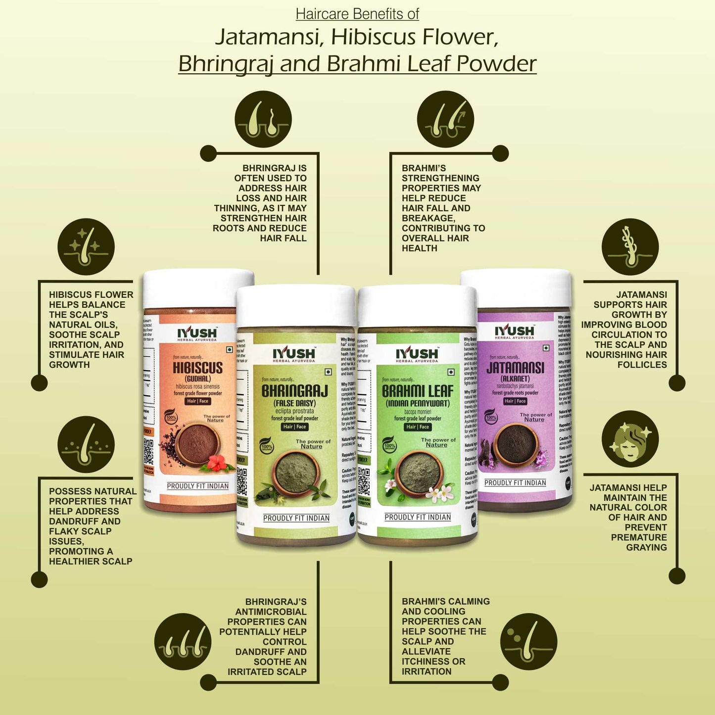 Premium Jatamansi, Hibiscus Flower, Bhringraj and Brahmi Leaf Powder for Holistic Hair and Skin Wellness – Pack of 4, 100gm Each