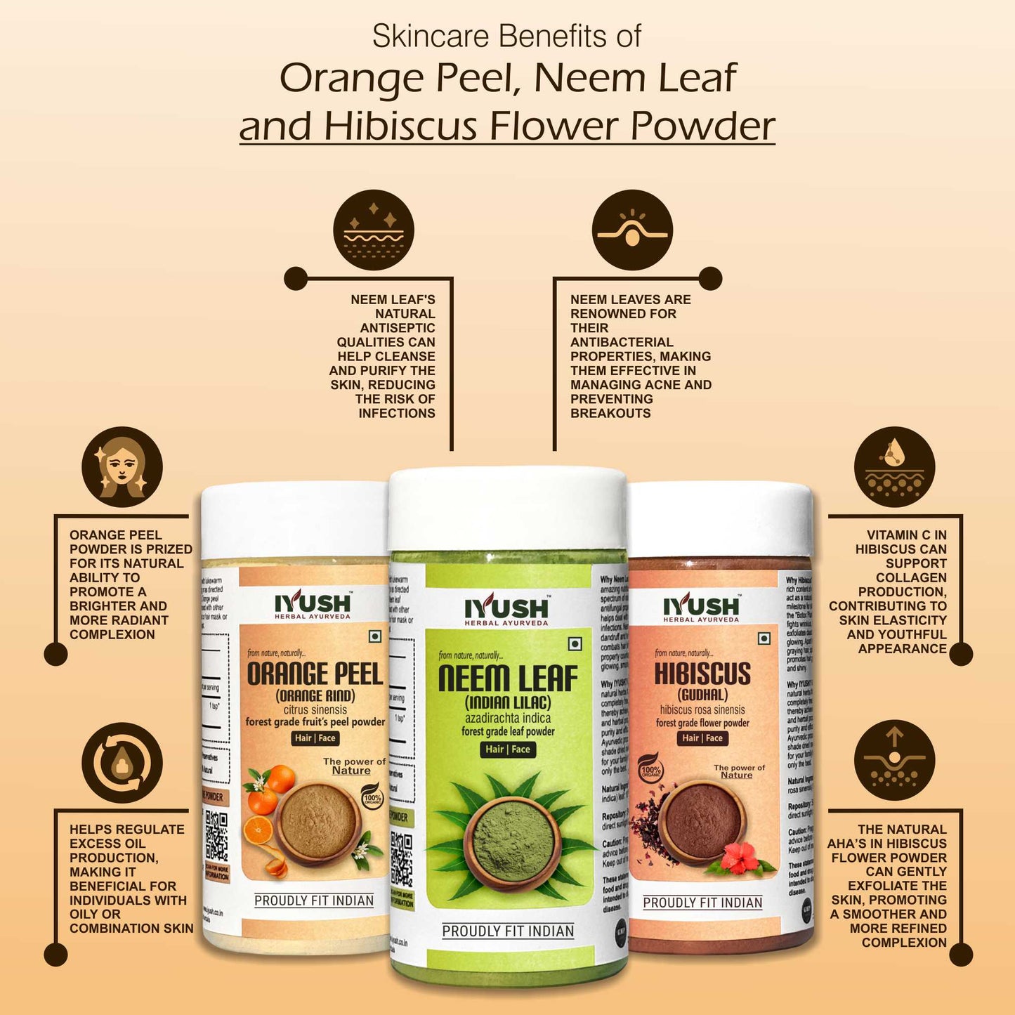Premium Hibiscus Flower, Neem Leaf and Orange Peel Powder for Holistic Skin and Hair Wellness – Pack of 3, 100gm Each