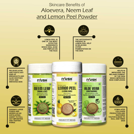 Premium Aloevera, Neem Leaf and Lemon Peel Powder for Holistic Skin and Hair Wellness – Pack of 3, 100gm Each