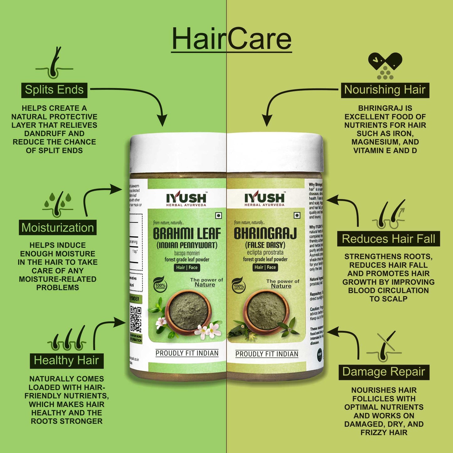 Premium Brahmi and Bhringraj Powder for Holistic Hair and Skin Wellness – Pack of 2, 100gm Each