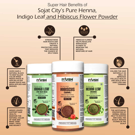 Sojat City’s Pure Henna Leaf, Hibiscus Flower and Indigo Leaf Powder for Holistic Hair Wellness – Pack of 3, 100gm Each