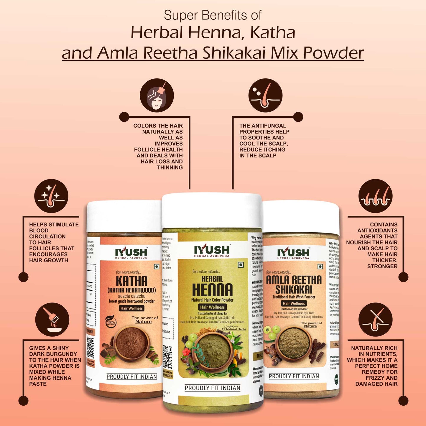 Amla Reetha Shikakai Mix Powder with Herbal Henna and Katha Powder for Holistic Hair Wellness – Pack of 3, 100gm Each