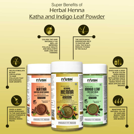 Premium Herbal Henna, Katha and Indigo Leaf Powder for Holistic Hair Wellness – Pack of 3, 100gm Each