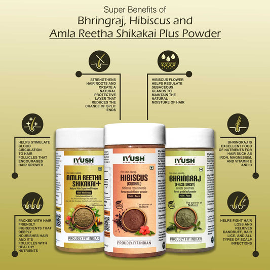 Premium Amla Reetha Shikakai Plus Powder, Bhringraj and Hibiscus Flower Powder for Holistic Hair and Skin Wellness – Pack of 3, 100gm Each