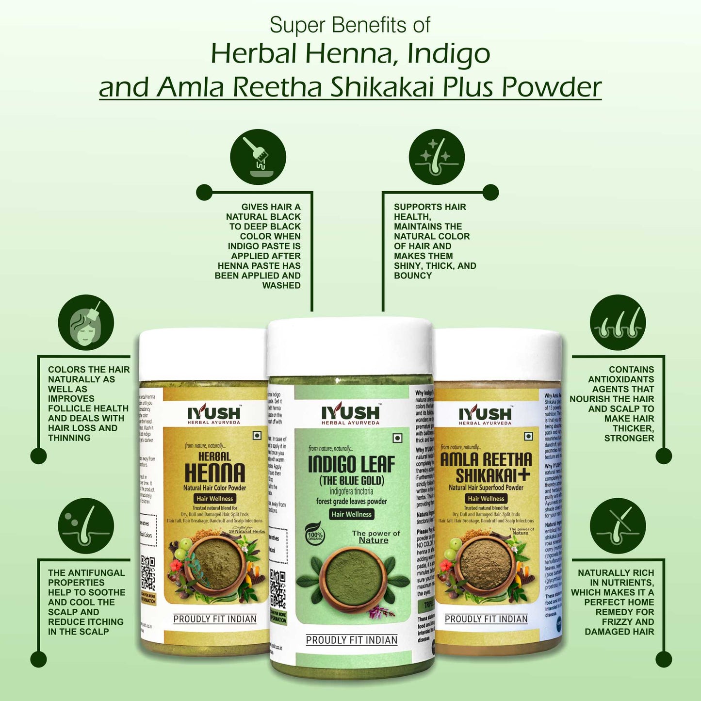 Amla Reetha Shikakai Plus Powder with Herbal Henna and Indigo Leaf Powder for Holistic Hair Wellness – Pack of 3, 100gm Each